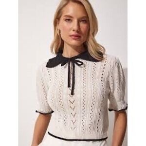 LOFT White Pointelle Knit Black Crochet Collar XL Academia Cottagecore Coquette